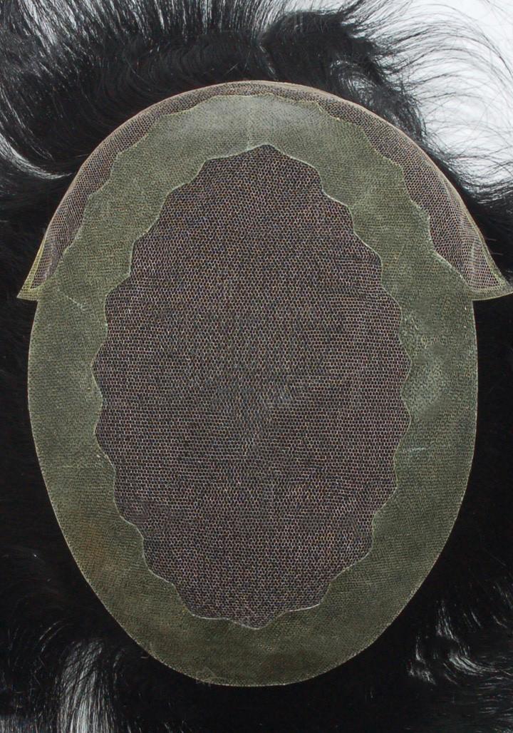 JQ338: French lace with scalloped pu coat perimeter, lace front hair replacement system