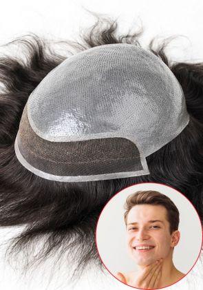 Combo-Vc | Protesi Capillare in Pelle Sottile con Anello a V Personalizzato da Uomo con Parte Anteriore in Lace Francese