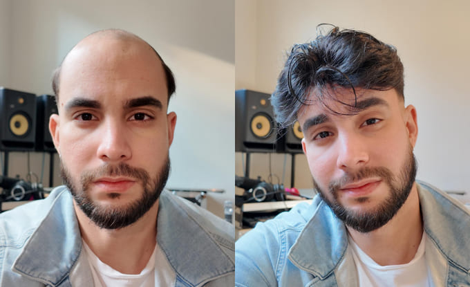 Un ragazzo con patch cutaneo di lordhair prima e dopo