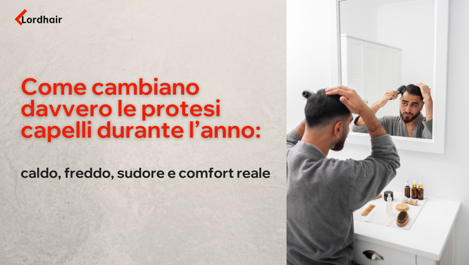 Un uomo si pettina la protesi capelli davanti allo specchio