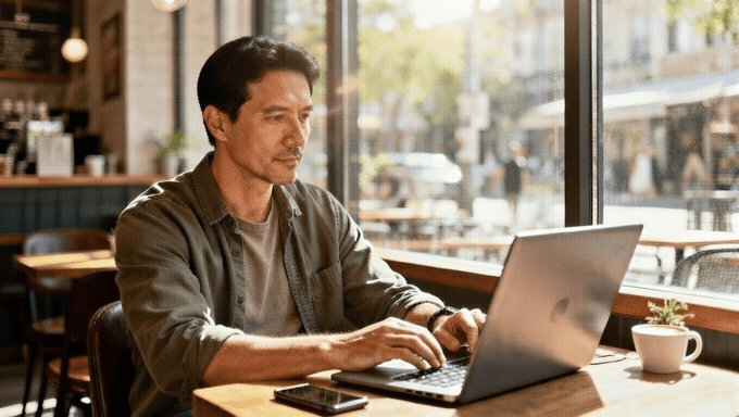 Uomo maturo lavora al laptop in caffè soleggiato con vista sulla strada