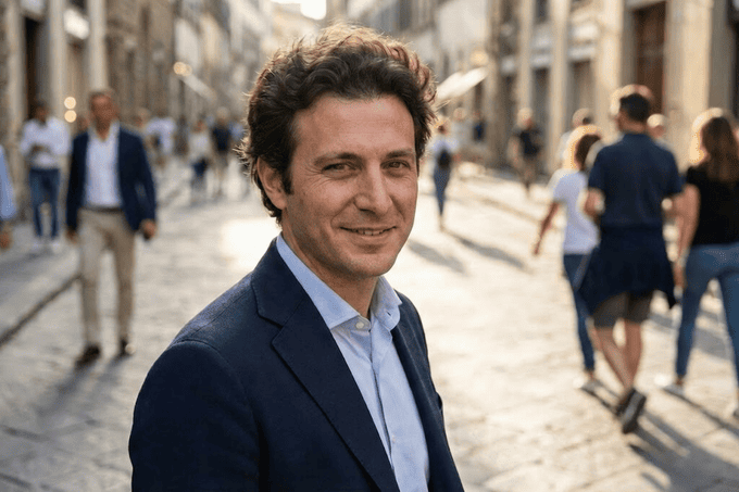 Uomo maturo con capelli ondulati in blazer blu su stradina italiana