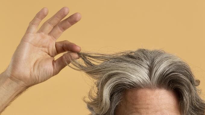 Ciocca di capelli grigi tenuta in mano sulla fronte di un uomo