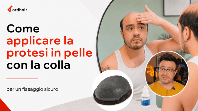 Applicazione della colla su una protesi capelli in pelle prima del posizionamento