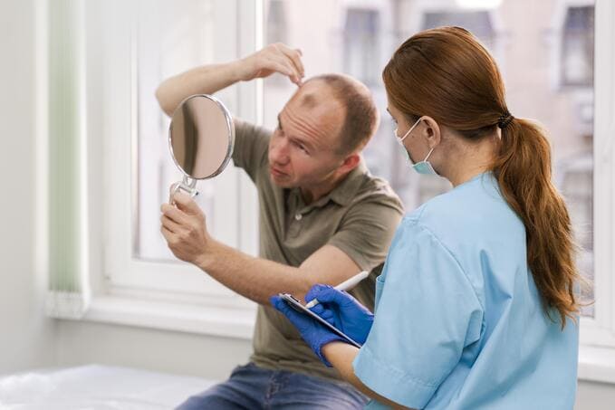 Paziente con stempiatura che esamina la perdita di capelli con uno specchio durante una consulenza medica