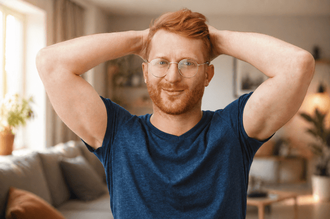 Uomo con capelli naturali che si passa le mani tra i capelli con espressione rilassata, a rappresentare la facilità di manutenzione quotidiana della patch cutanea