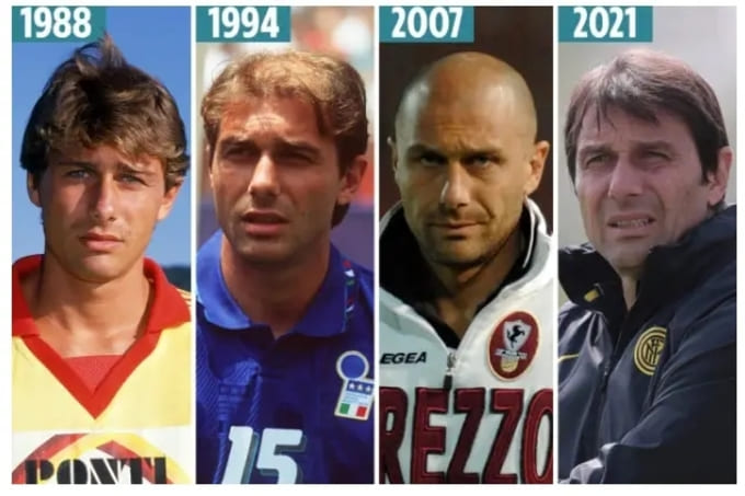 Antonio Conte in quattro epoche diverse: 1988, 1994, 2007 e 2021, il cambiamento dei capelli nel tempo