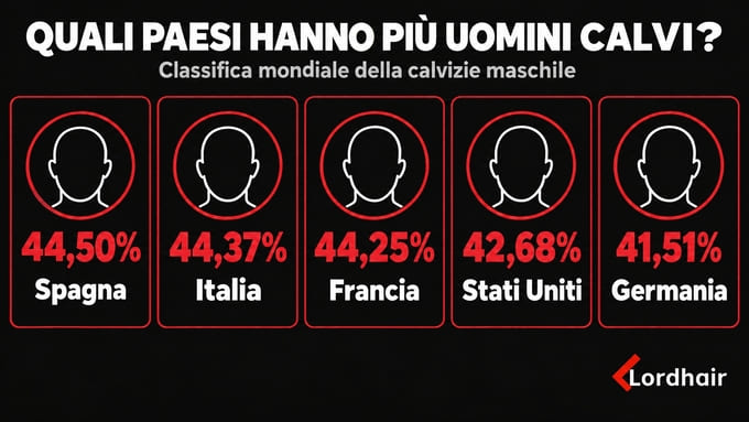 Classifica mondiale della calvizie maschile, con Italia al secondo posto dopo la Spagna